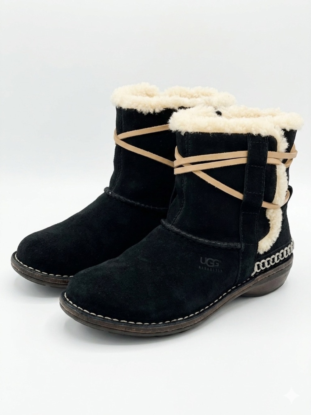 UGG Black Suede Lace-Up Shearling Ankle Boots with Tan Laces